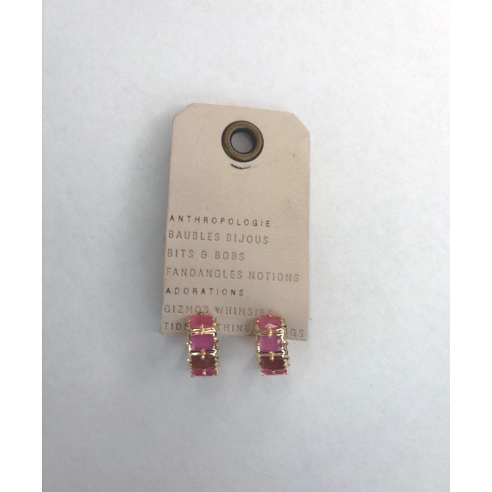 Anthropologie 14K Gold Plated Pink Ombre Stone Huggie Hoop Earrings NWT